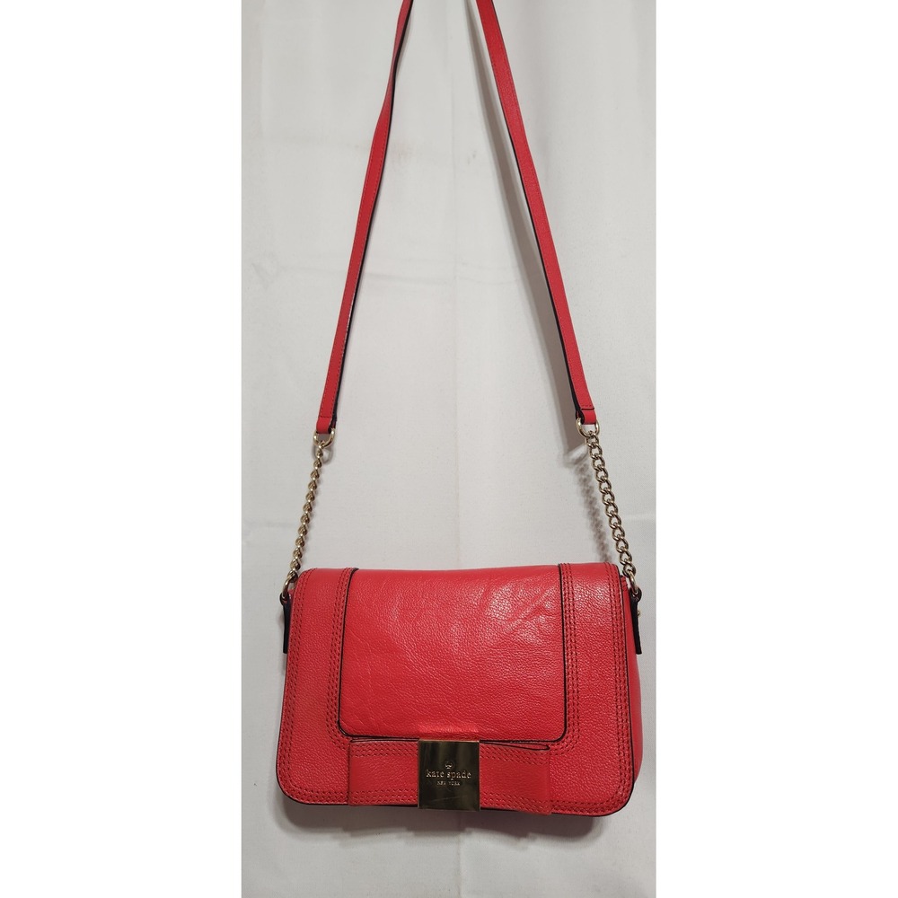Kate Spade New York Coral Pink Pebbled Leather Bow Crossbody Bag Gold Chain